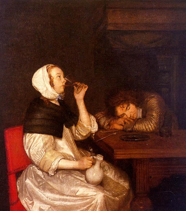 Gerard Ter Borch Woman Drinking with a Sleeping Soldier